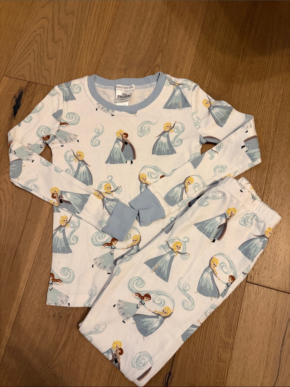 Pottery Barn Kids Disney Light Blue and White Frozen Anna Elsa Print Pajamas